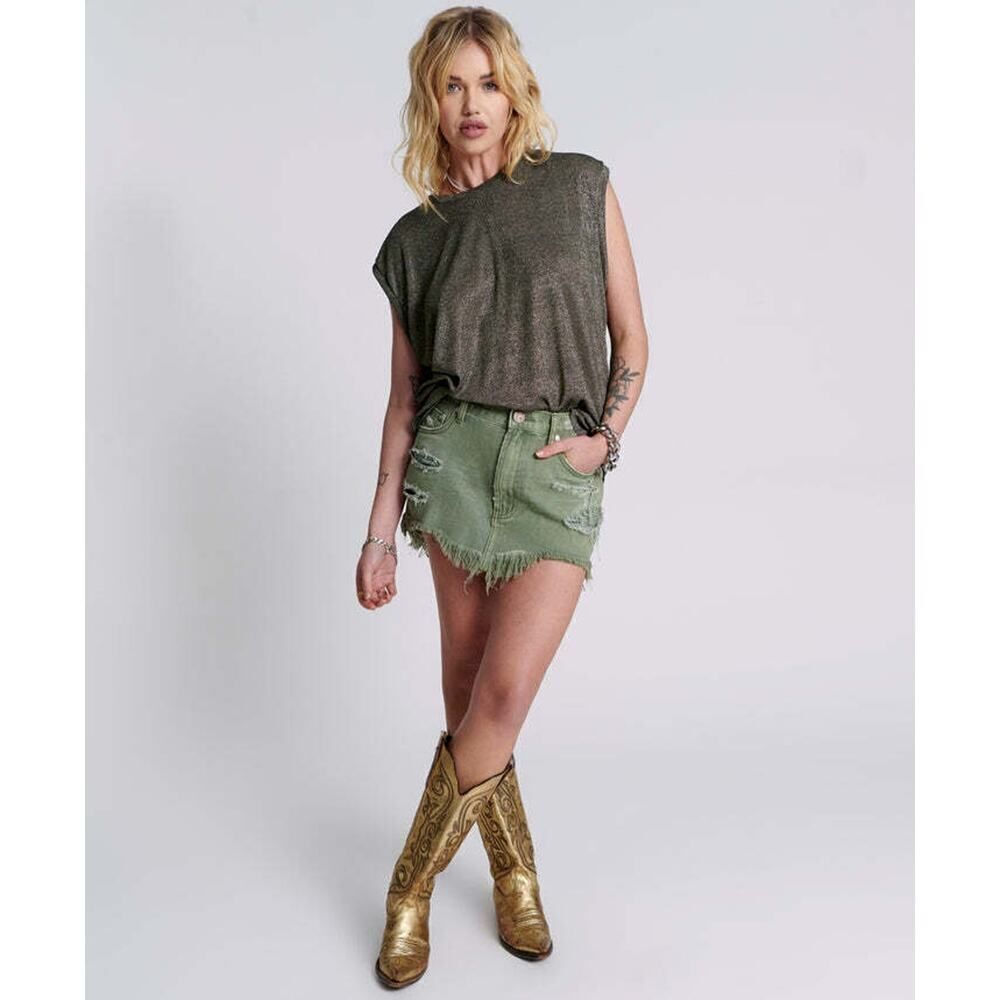 NEW! One Teaspoon Super Khaki Green Junkyard Relaxed Denim Mini Skirt US 0 $110